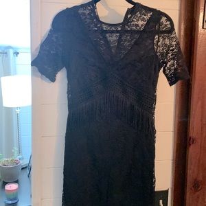 Top shop, lace and fringe black mini dress, size 6